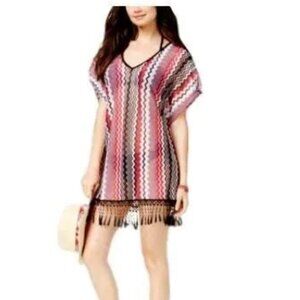 New MIKEN Black Sangria Red Zigzag Stripe Tassle Swimsuit Cover Up Tunic - Small